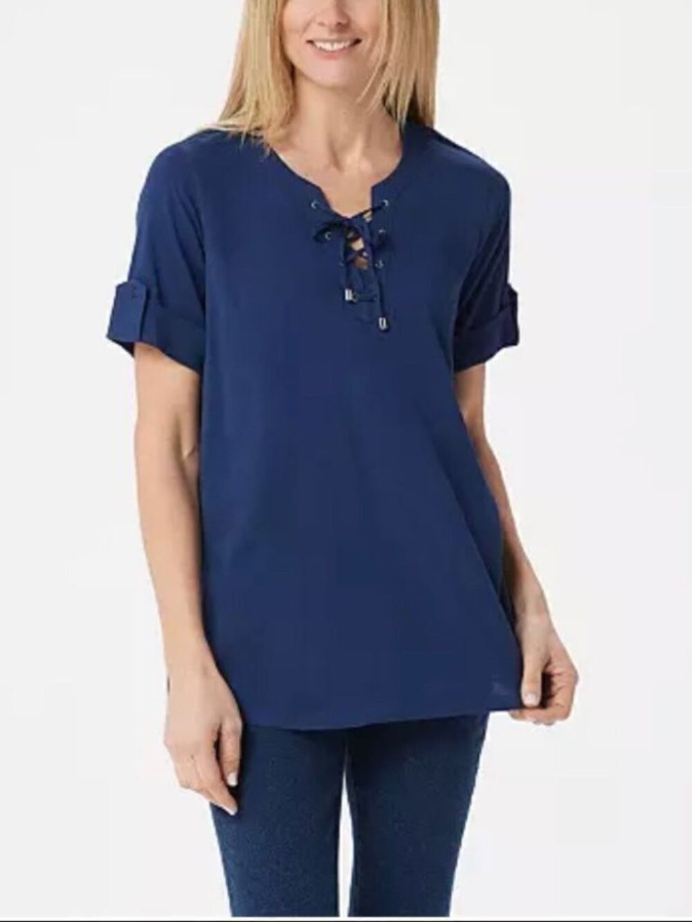 BROOKE SHIELDS Timeless Lace-Up Neck Woven Top